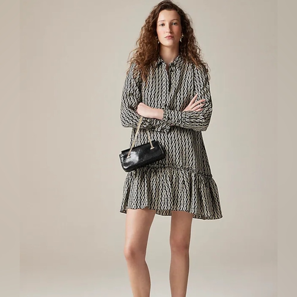 J. Crew Amelia Popover Shirtdress in Chain Print Black Beige Tan $148 Sz. XS
